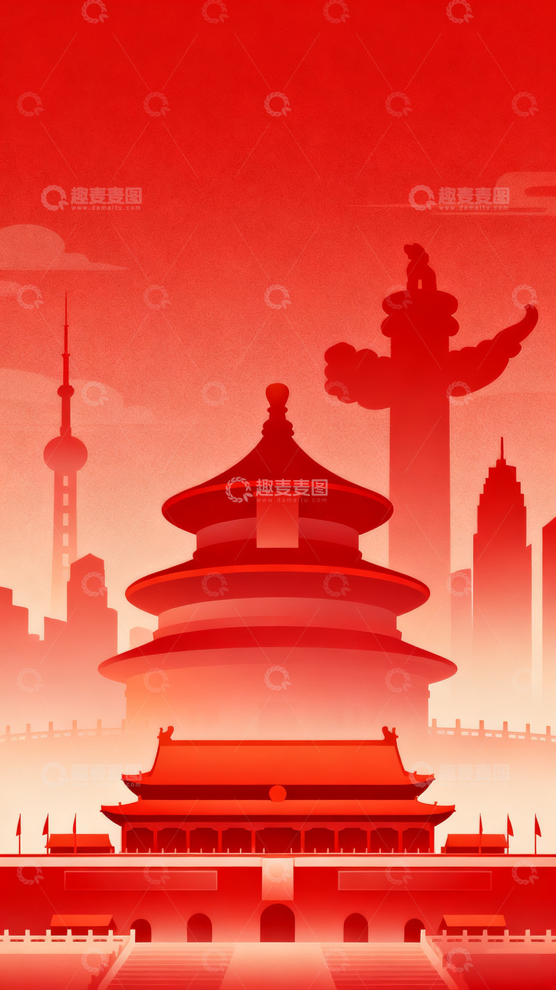 高清大图下载【趣麦麦图】红色背景下的中式古典建筑