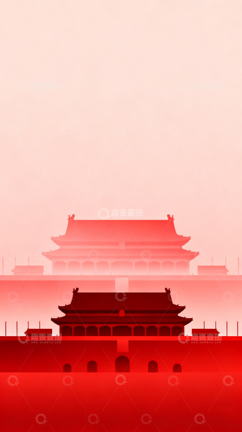 高清大图下载【趣麦麦图】红色背景下的中式古典建筑3