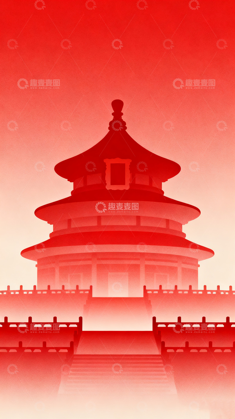 高清大图下载【趣麦麦图】红色背景下的中式古典建筑2