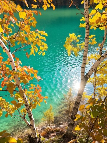 秋季湖畔旁的白桦林