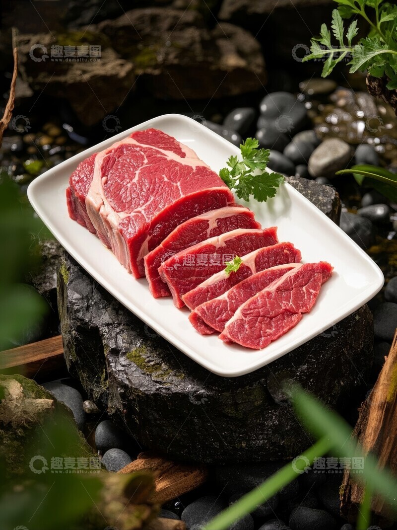 高清大图下载【趣麦麦图】新鲜牛肉块切片置于自然石景中