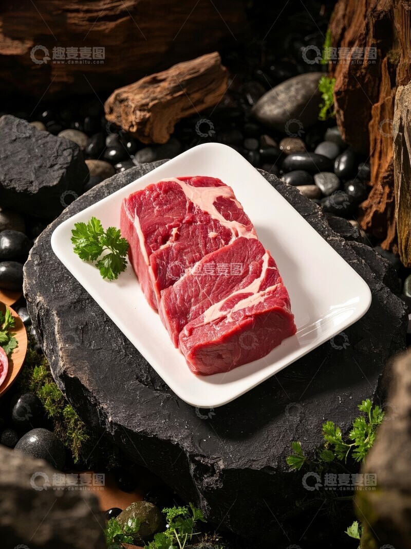 高清大图下载【趣麦麦图】新鲜牛肉块在白色盘中展示