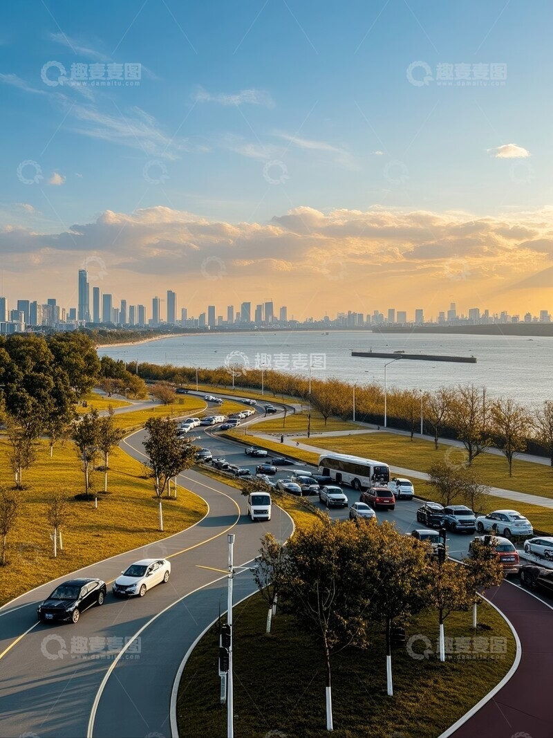 高清大图下载【趣麦麦图】俯瞰城市湖畔晨光景色