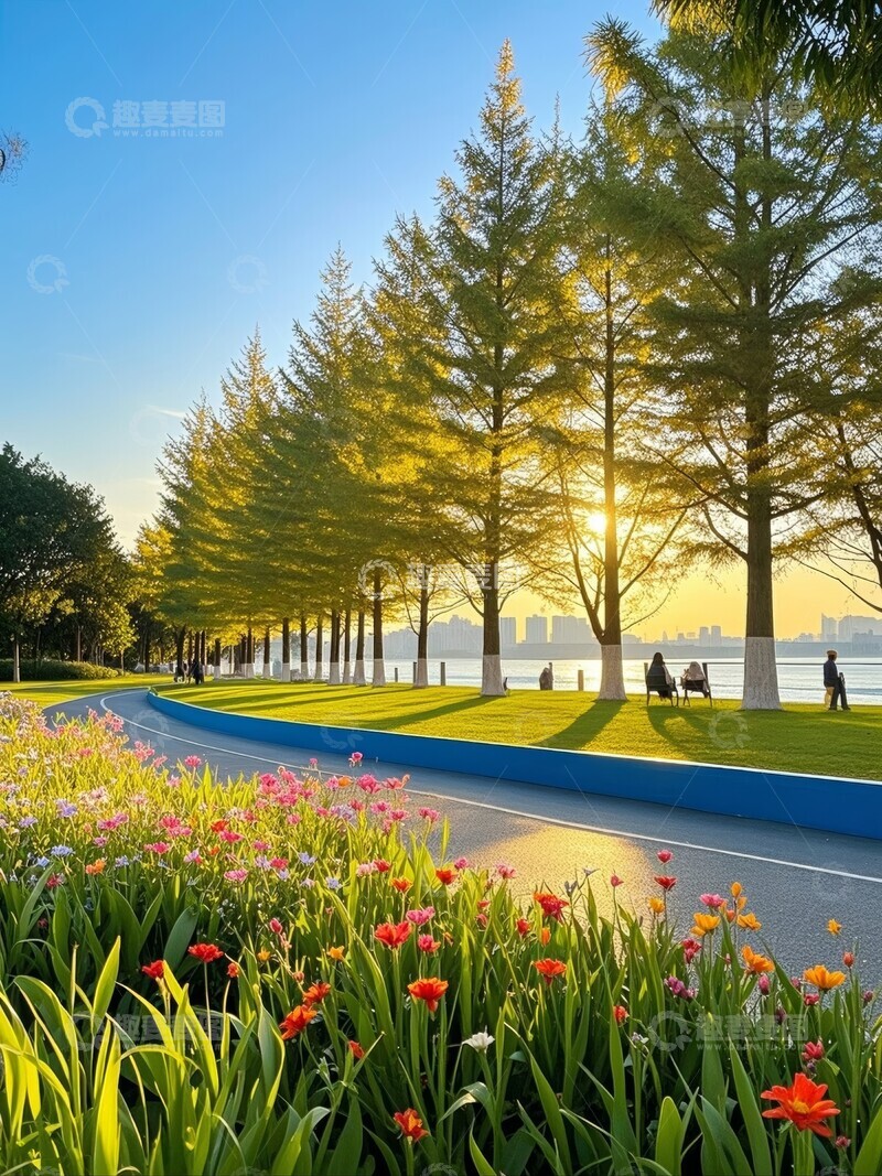高清大图下载【趣麦麦图】城市湖畔晨光景色步道