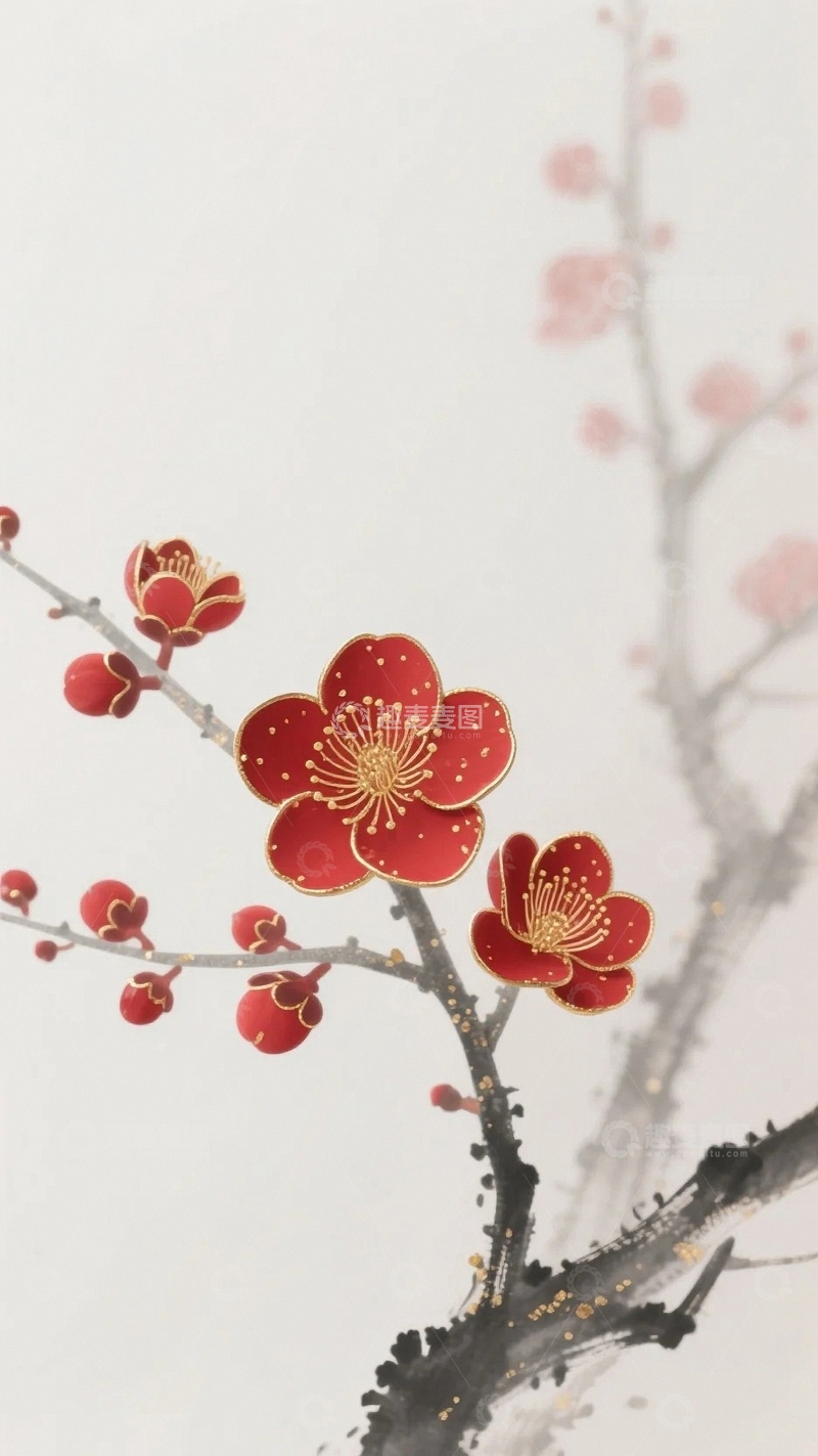 高清大图下载【趣麦麦图】国风红梅迎新岁5