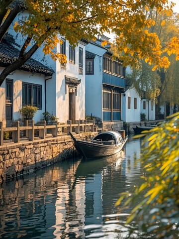江南水乡古建筑与小舟