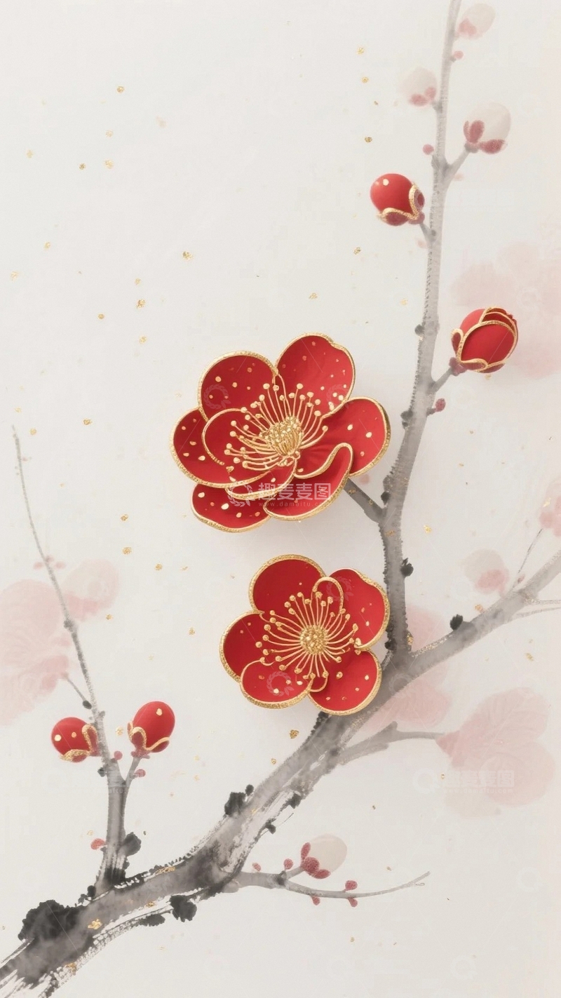 高清大图下载【趣麦麦图】国风红梅迎新岁3