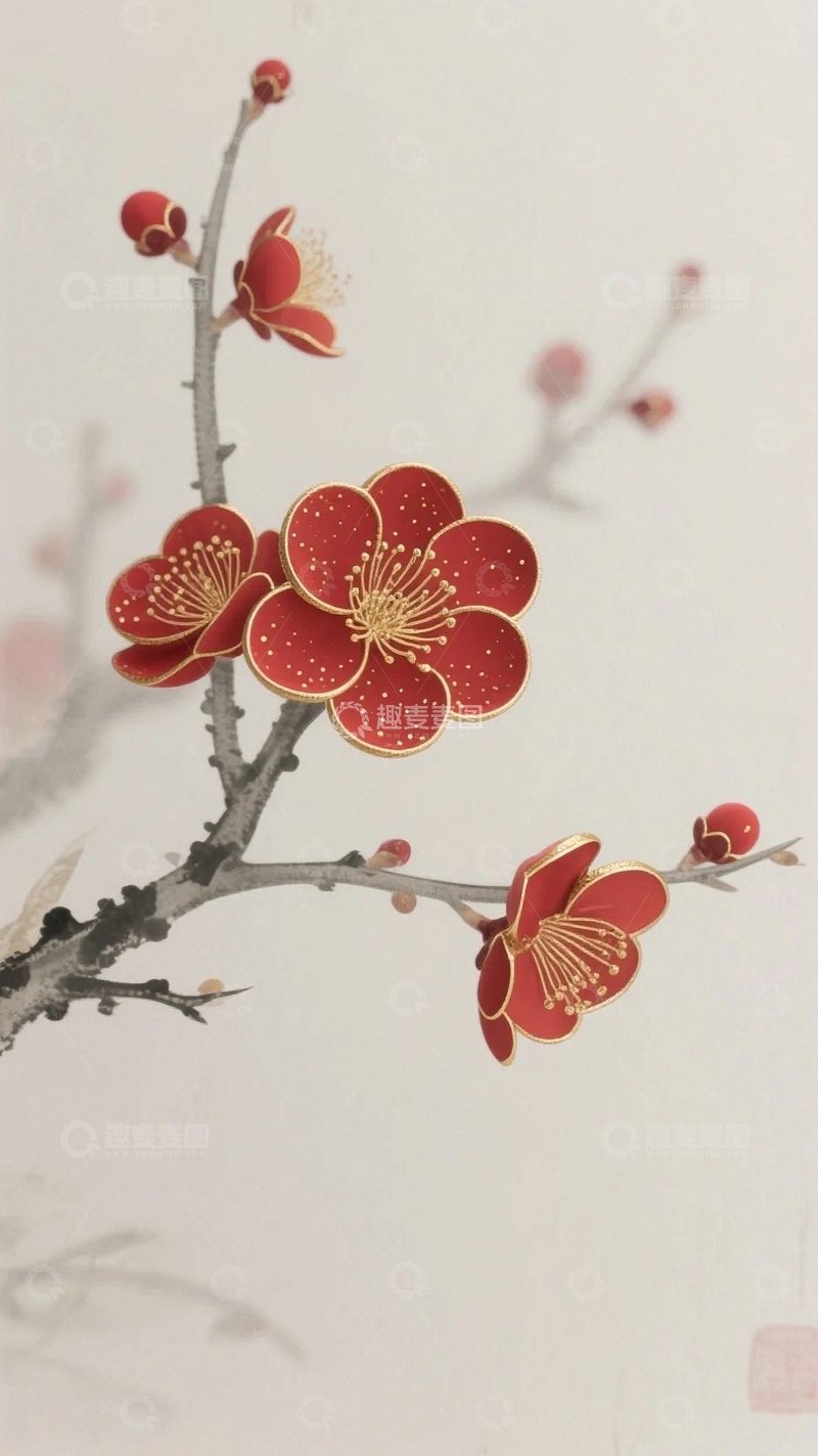 高清大图下载【趣麦麦图】国风红梅迎新岁1