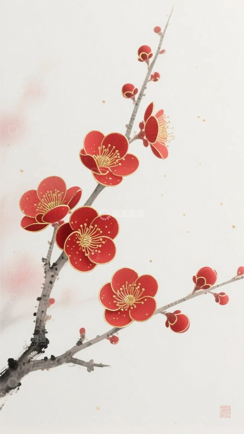 高清大图下载【趣麦麦图】国风红梅迎新岁2