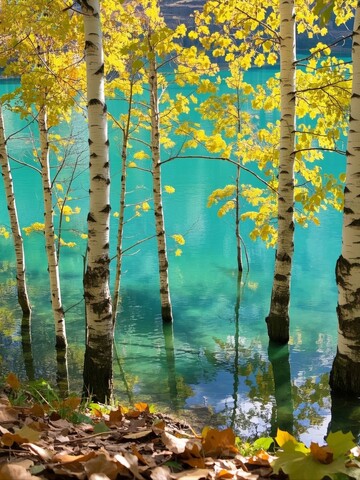 秋日湖畔旁的白桦林