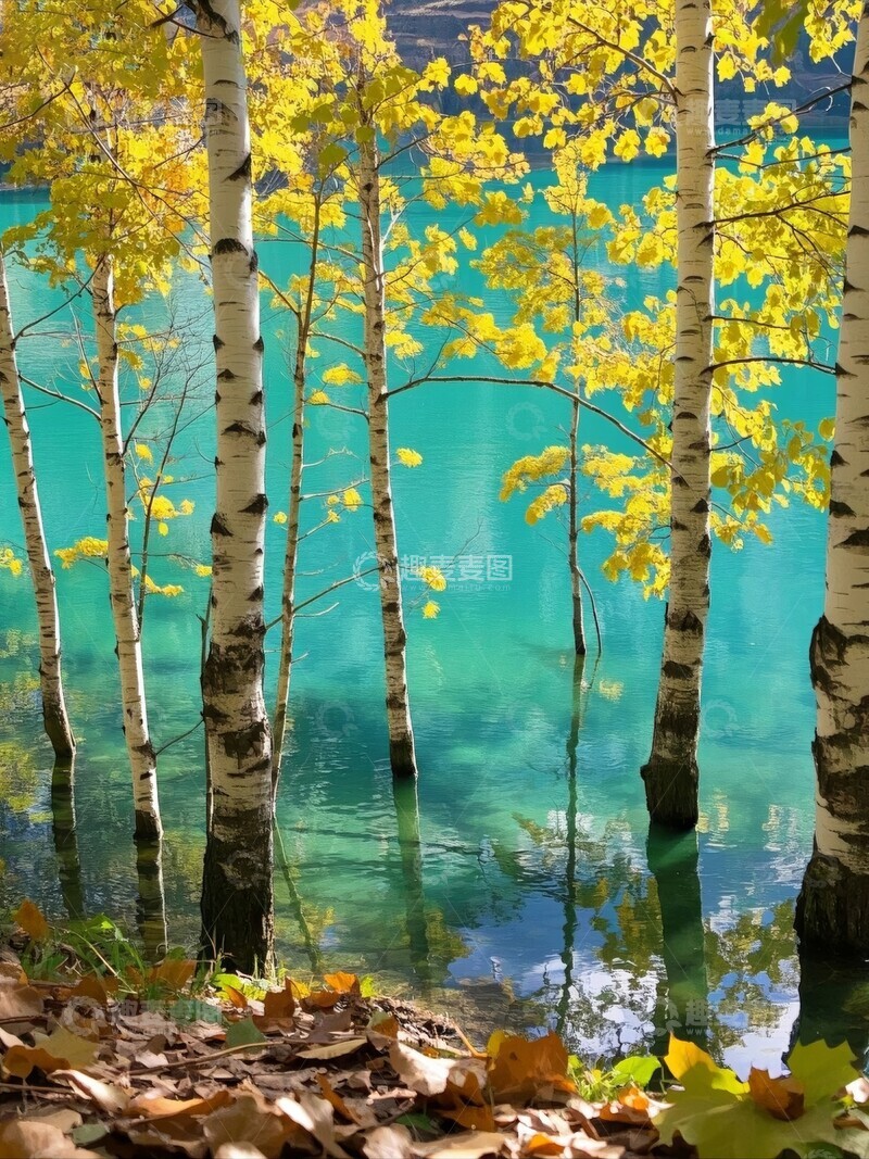 高清大图下载【趣麦麦图】秋日湖畔旁的白桦林