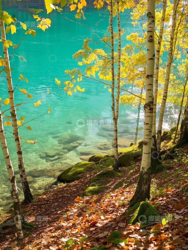 高清大图下载【趣麦麦图】秋日湖畔的白桦林
