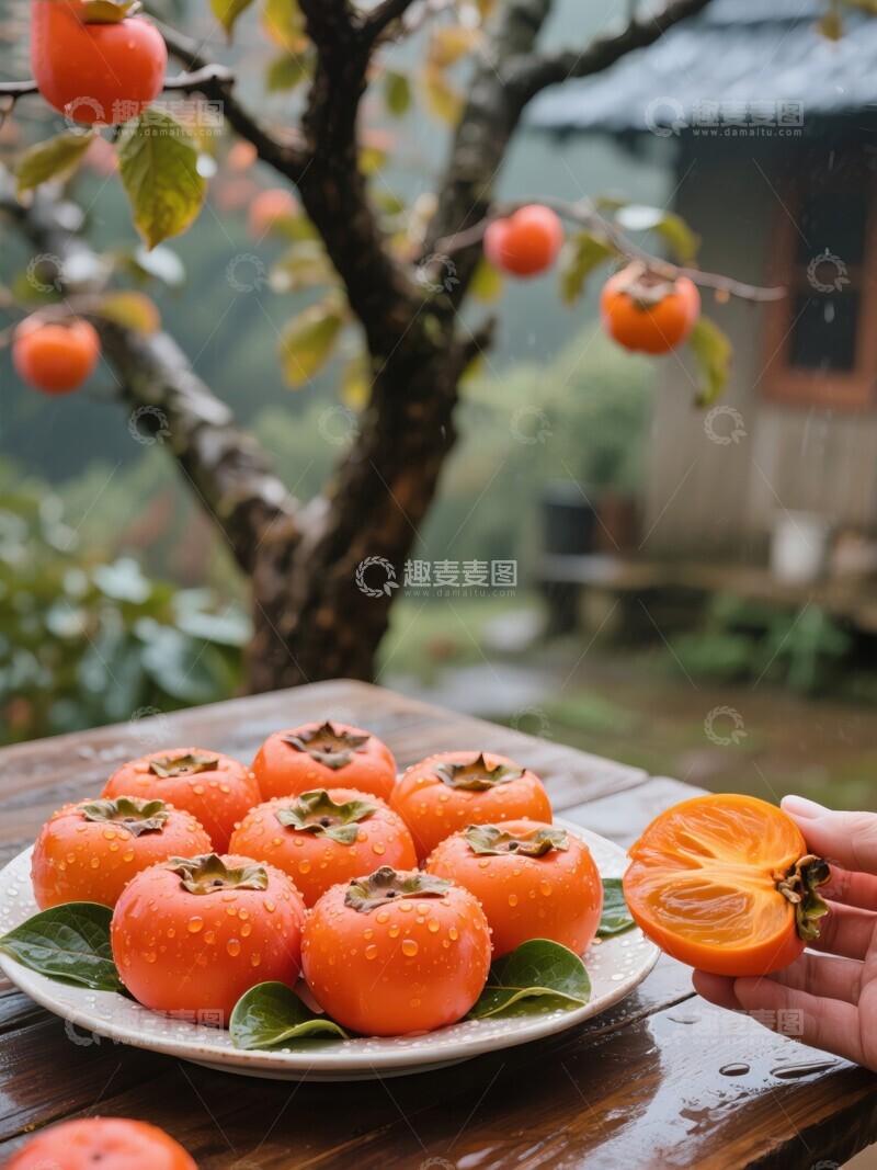 高清大图下载【趣麦麦图】新鲜柿子摆盘，手握半颗柿子