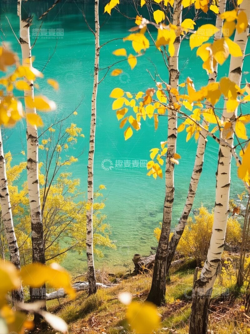 高清大图下载【趣麦麦图】秋日湖畔，金叶映衬碧水