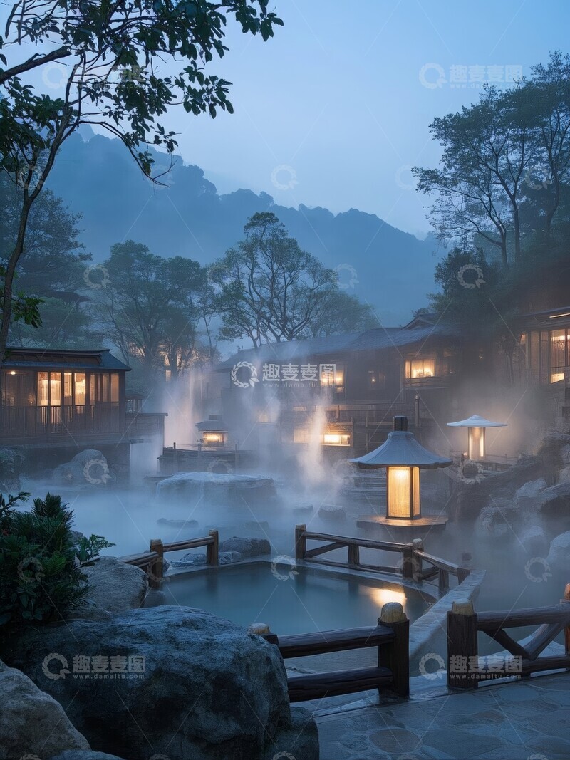 高清大图下载【趣麦麦图】雾气缭绕的温泉旅馆夜景