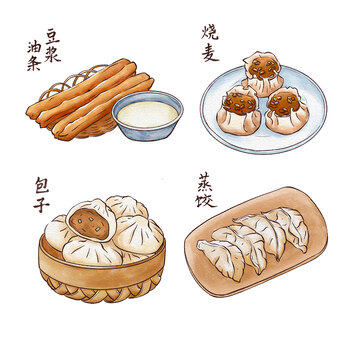 手绘水彩早餐食物插画