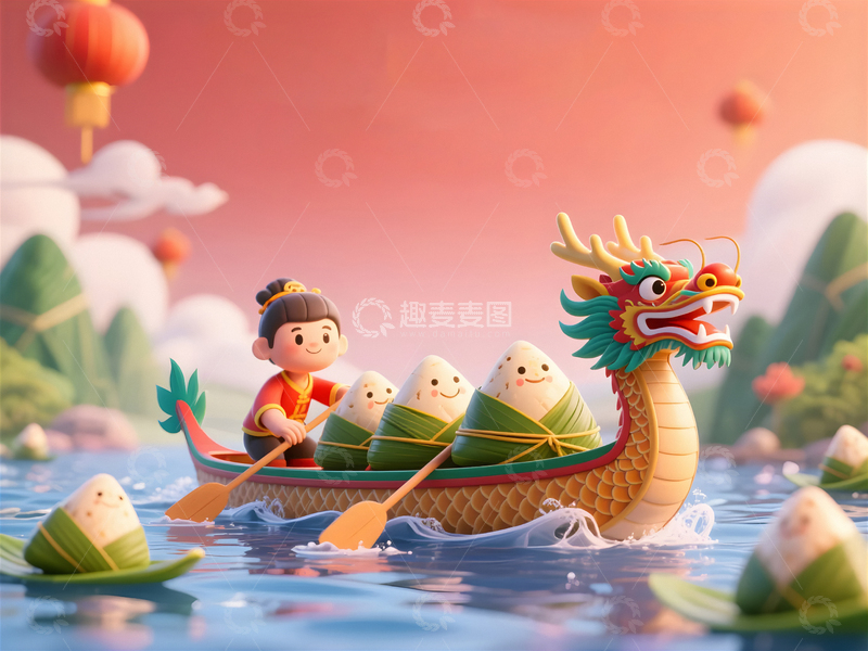 高清大图下载【趣麦麦图】端午的粽子与龙舟背景5