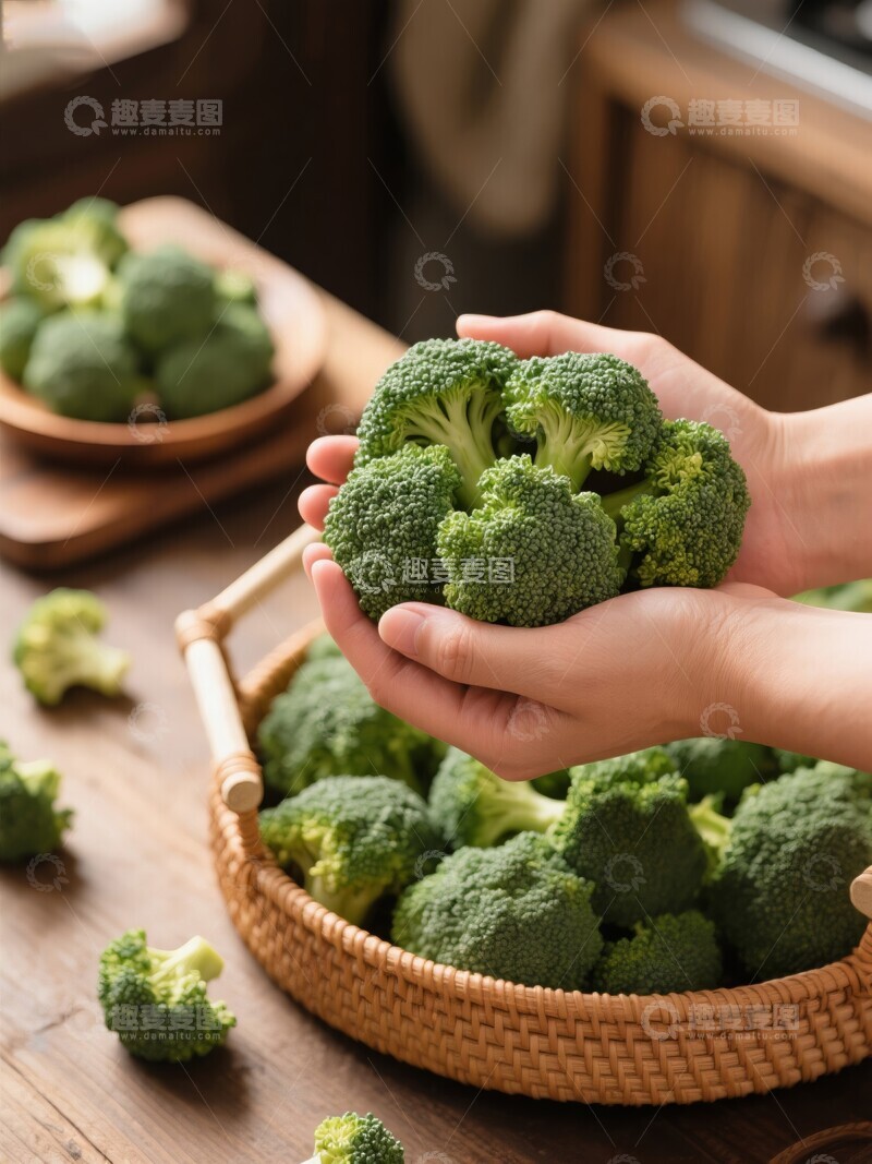 高清大图下载【趣麦麦图】双手捧着新鲜西兰花食材