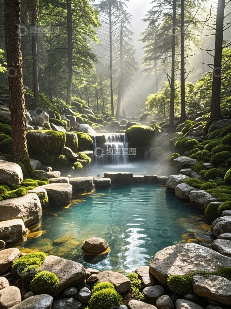 高清大图下载【趣麦麦图】森林中的瀑布与碧池