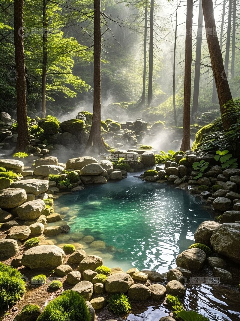 高清大图下载【趣麦麦图】森林中的瀑布与天然温泉