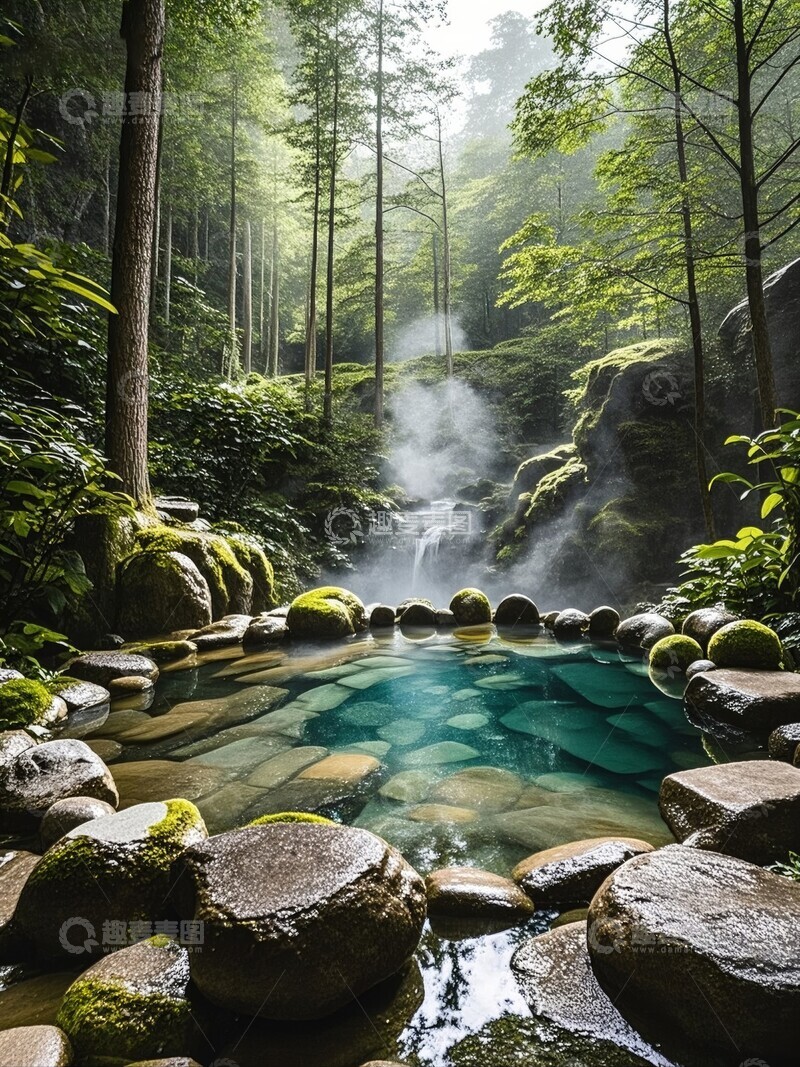 高清大图下载【趣麦麦图】森林中的瀑布和天然温泉