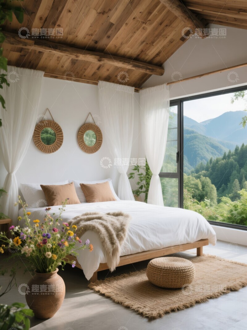 高清大图下载【趣麦麦图】温馨卧室，山景窗外，自然与舒适交融