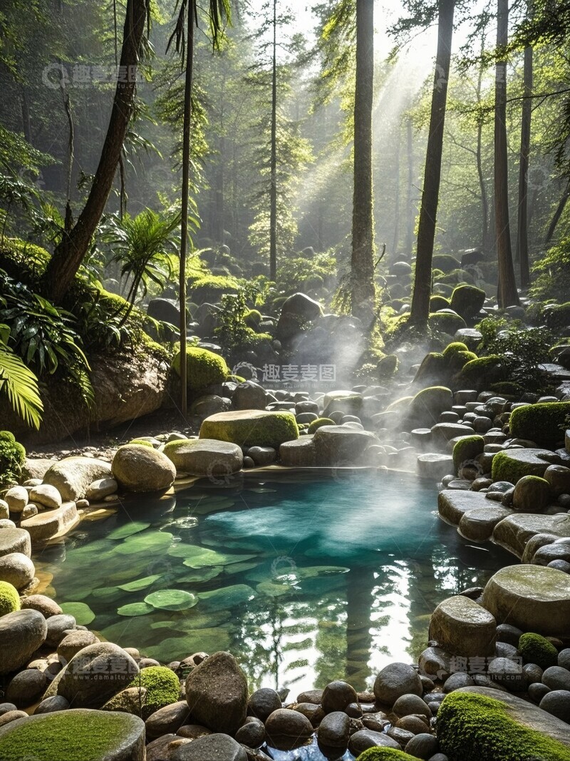 高清大图下载【趣麦麦图】森林中的天然温泉和树木