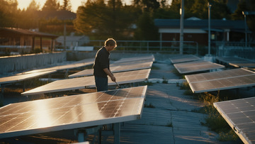 工人检修屋顶太阳能板