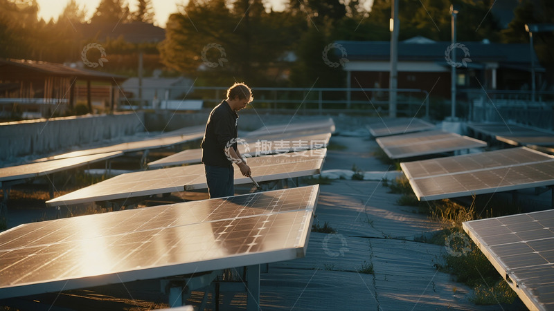 高清大图下载【趣麦麦图】-工人检修屋顶太阳能板