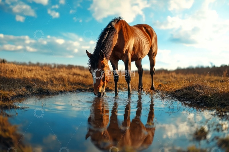 高清大图下载【趣麦麦图】水坑边喝水的一匹马