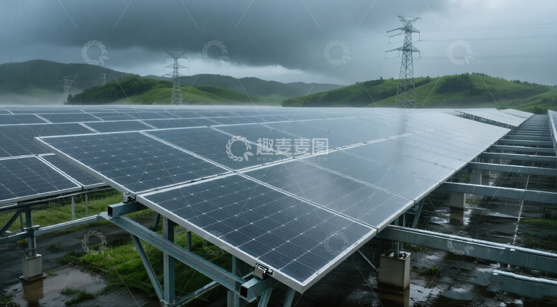 高清大图下载【趣麦麦图】雨中的大型太阳能电池板阵列2