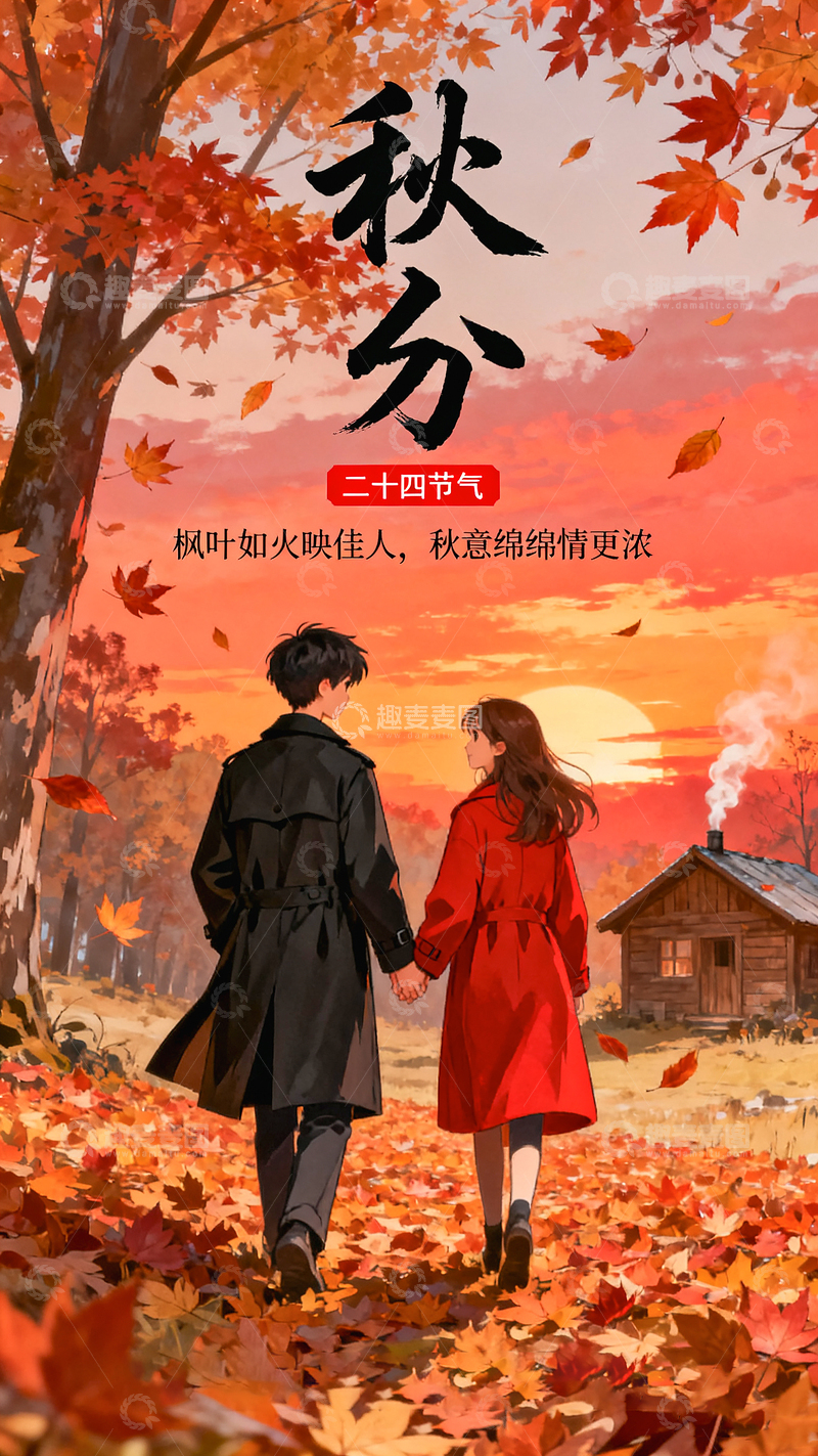 高清大图下载【趣麦麦图】秋分主题插画海报素材情侣牵手漫步