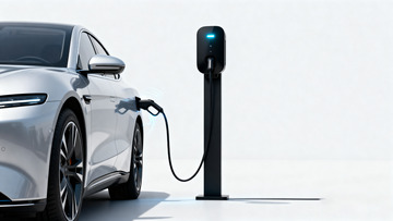 银色电动汽车连接充电桩