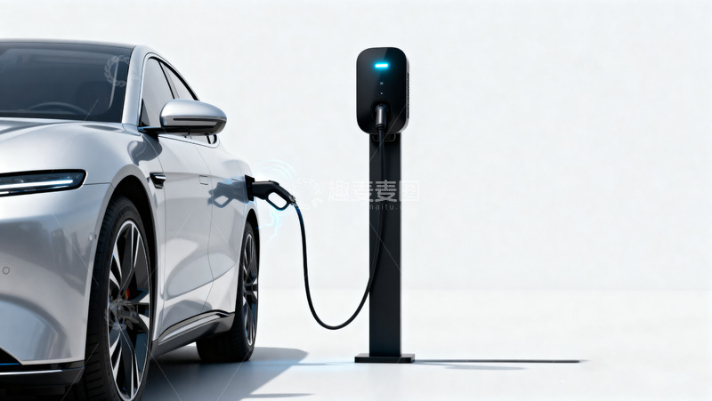 高清大图下载【趣麦麦图】银色电动汽车连接充电桩