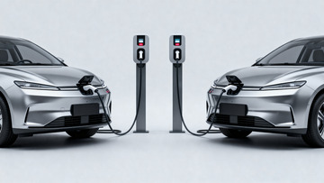 银色电动汽车充电桩旁充电