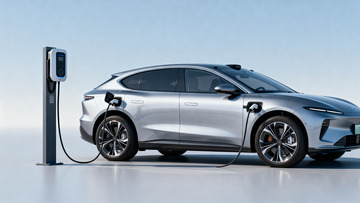 银色电动汽车正在充电桩充电