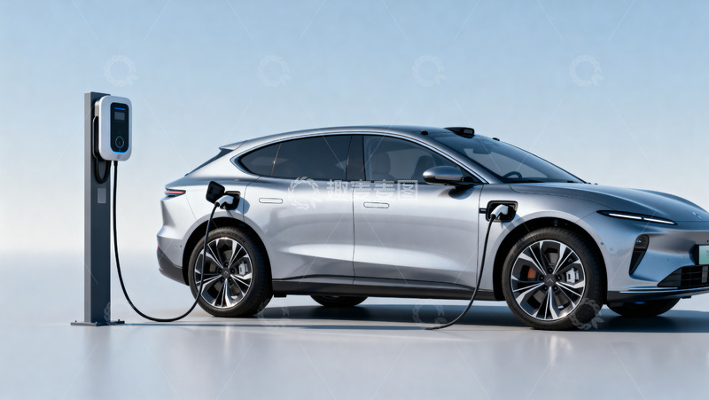 高清大图下载【趣麦麦图】银色电动汽车正在充电桩充电