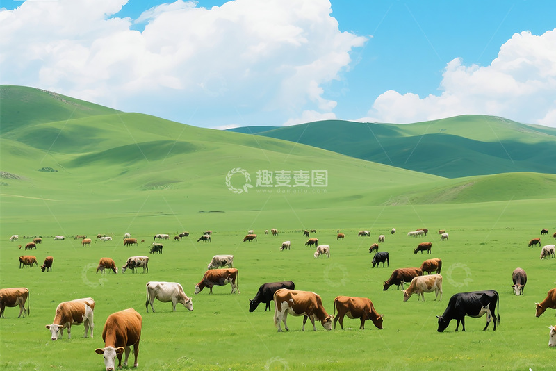 高清大图下载【趣麦麦图】草原上牛在吃草2