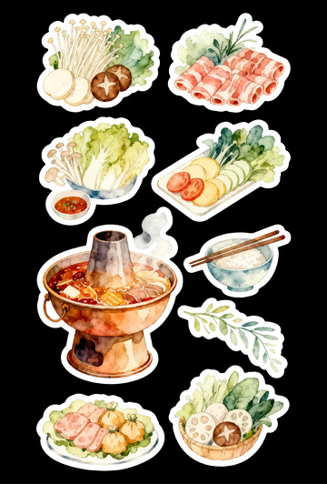 火锅食材水彩插画