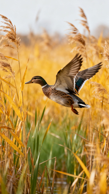 野鸭飞翔在芦苇丛中
