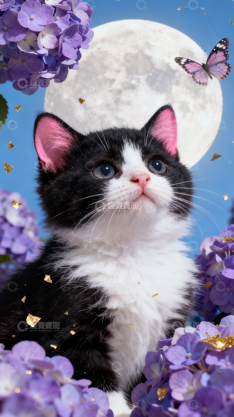 高清大图下载【趣麦麦图】无尽夏猫咪和蝴蝶
