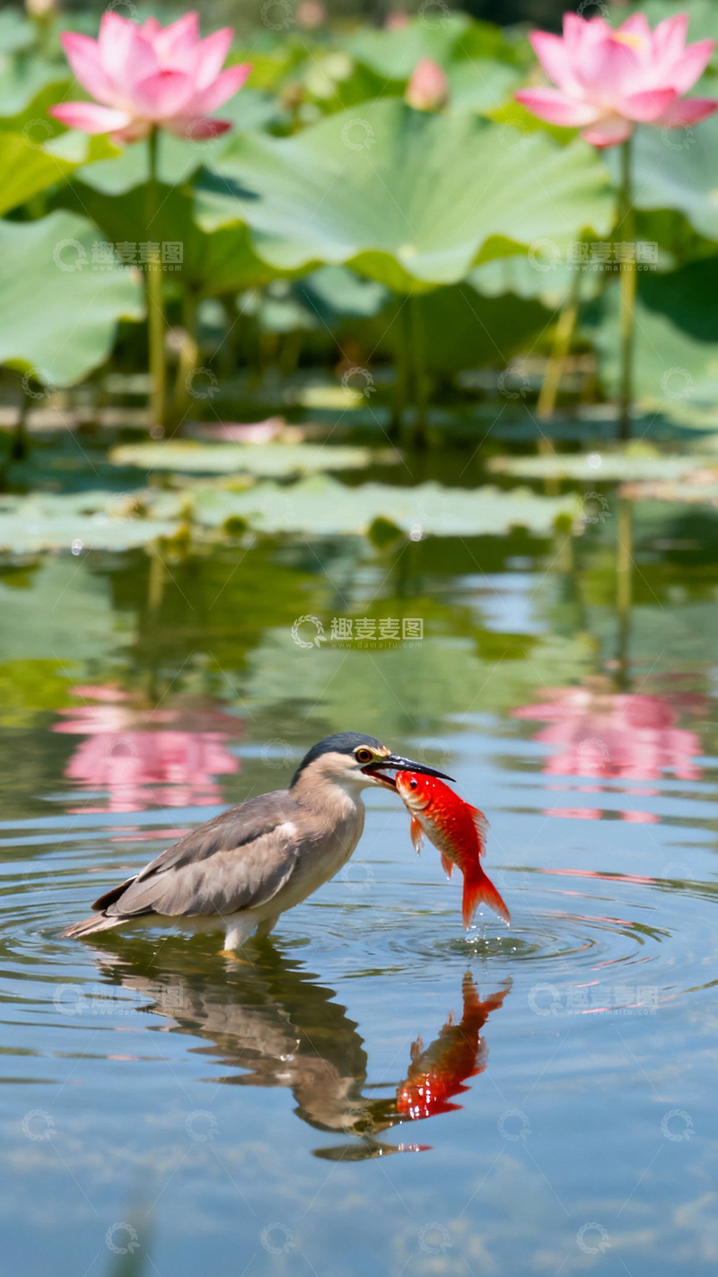 高清大图下载【趣麦麦图】荷花池里的鸟和鱼