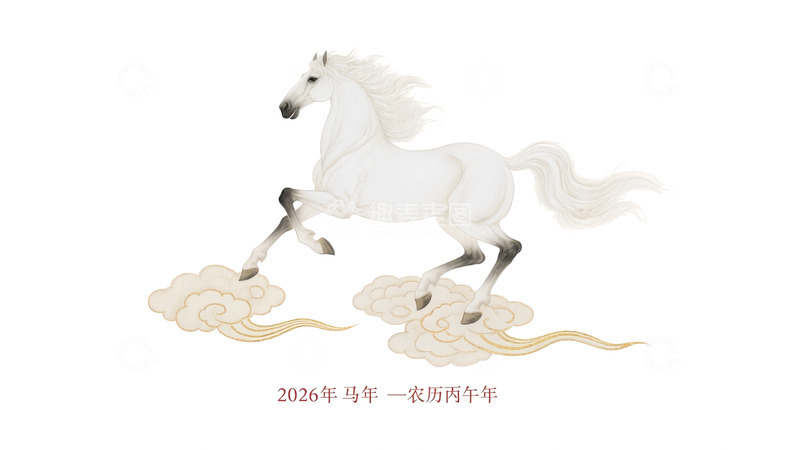 源文件下载【趣麦麦图】奔腾白马踏祥云2026新年画