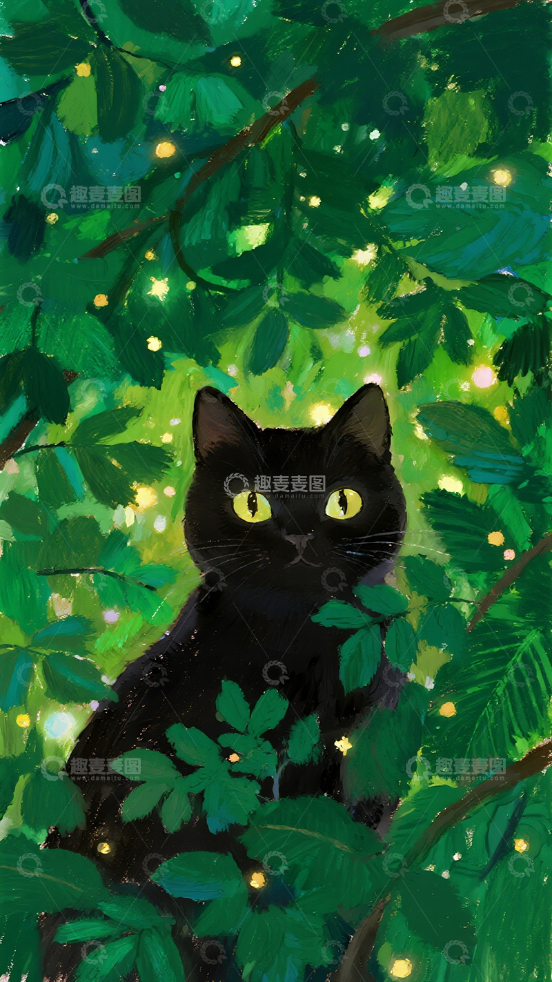 高清大图下载【趣麦麦图】林中黑猫与萤火之舞
