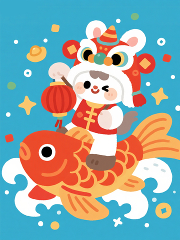 骑锦鲤的舞狮小鼠送福