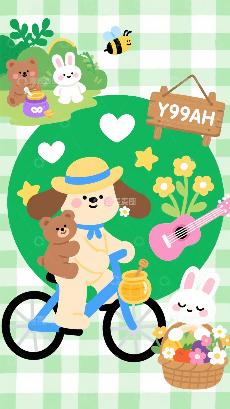 高清大图下载【趣麦麦图】春日野餐的萌宠与吉他