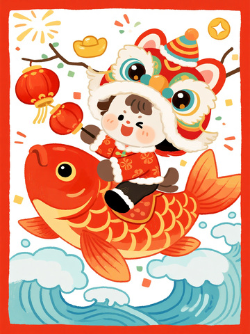 骑红锦鲤的舞狮头套孩童