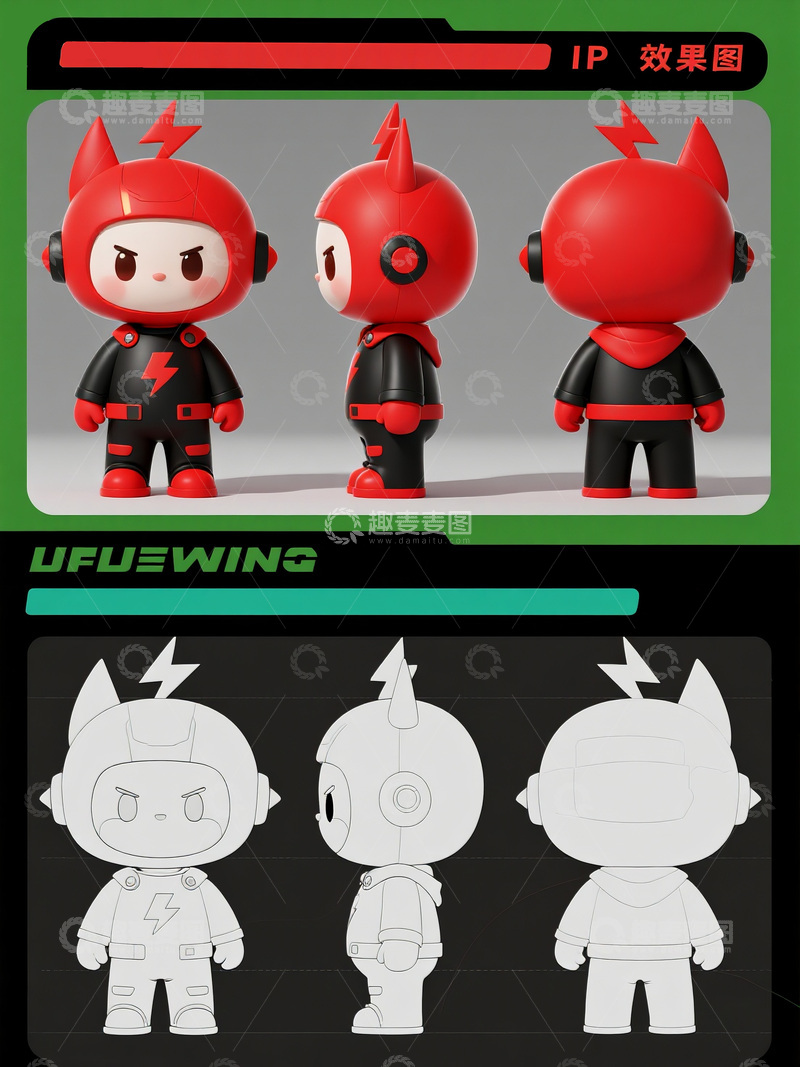 红黑闪电元素卡通 IP 形象设计图