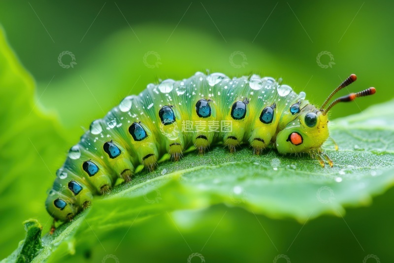高清大图下载【趣麦麦图】趴在树叶上的一只毛毛虫