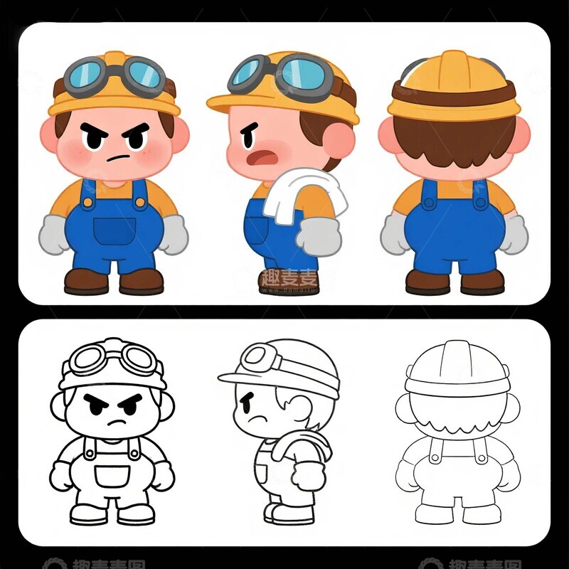 卡通工人形象多视角设计图